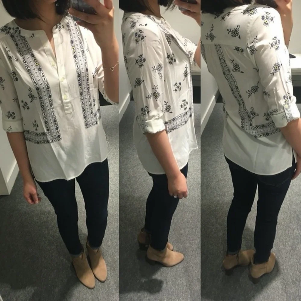 LOFT Boho Floral Tile Print Henley Coastal Grandmother Blouse Peasant Top M - Picture 9 of 11